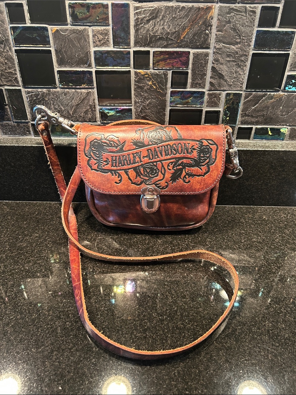 Harley-Davidson Distressed Brown Leather Crossbody with Logo Flap
